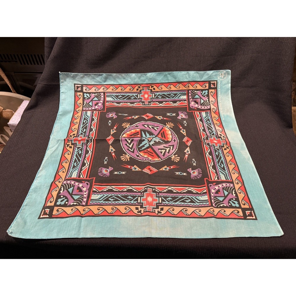 Vintage Wamcraft Green Bandana Western Aztec Tribal Made In USA 50/50 Cotton